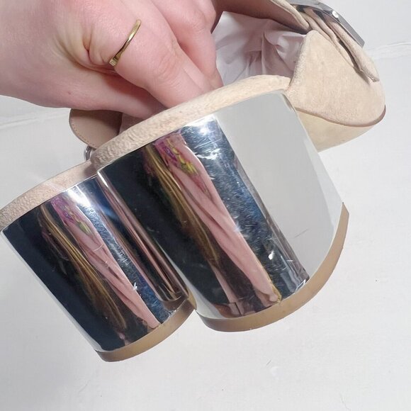 Marc Fisher Rima Tan Blush Suede Sandal Silver Block Heel Mule Slides Size 8 - Picture 11 of 13